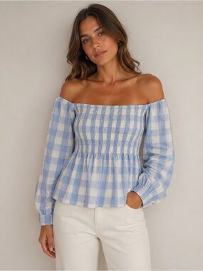 Walter Baker White Gingham plaid Smocked Off-Shoulder Blouse size small